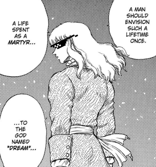 The image shows a manga panel featuring a character with long flowing hair wearing a blindfold, shown from behind as he looks to the side, with two text bubbles reading "A MAN SHOULD ENVISION SUCH A LIFETIME ONCE" and "A LIFE SPENT AS A MARTYR... TO THE GOD NAMED 'DREAM'..." The "bottom" caption likely refers to a ranking, indicating this character—Griffith from *Berserk*—is positioned at the lowest rung, encapsulating his tragic fate as a martyr devoted to his idealized "Dream."