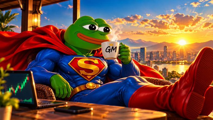 A digital illustration of the meme character Pepe the Frog dressed as a superhero, holding a mug labeled "GM" while sitting near a laptop displaying a stock chart.