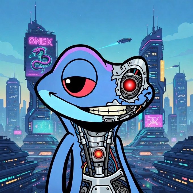 A digital illustration of a blue, robotic, cyborg-like frog with a red cybernetic eye against a neon-lit cyberpunk cityscape featuring a 'SNEK' billboard.