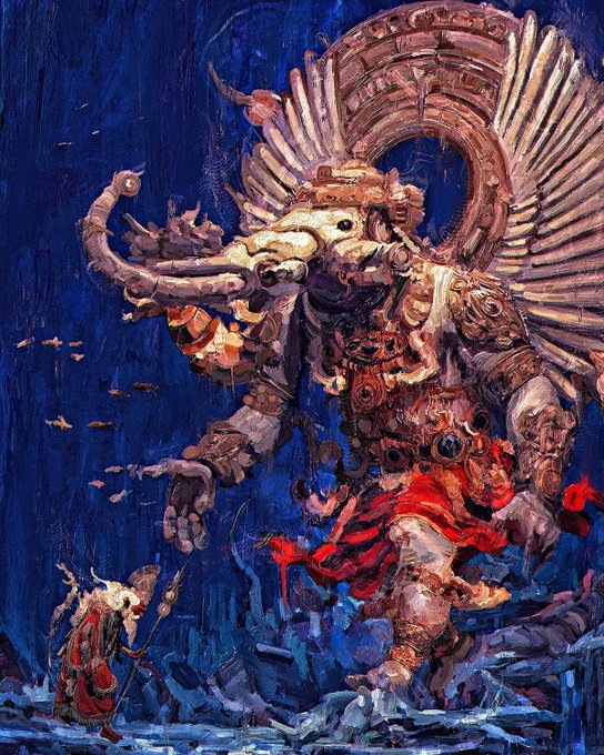 A vibrant fantasy painting depicting a massive, elaborately armored elephant-like creature with wings and tusks, adorned with red and gold details, standing over a small figure holding a staff against a deep blue background.
