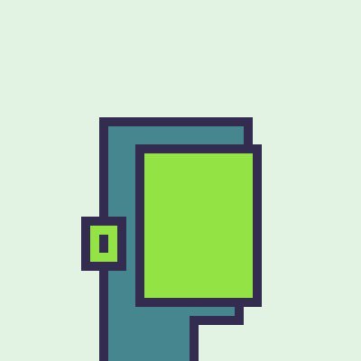 A pixel art illustration of a teal door slightly ajar to reveal a bright green interior space.