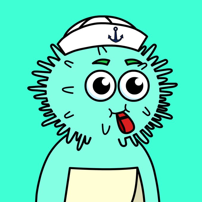 A cartoon illustration of a fluffy light-blue character wearing a white sailor hat with an anchor symbol, with big expressive eyes and a red tongue sticking out.