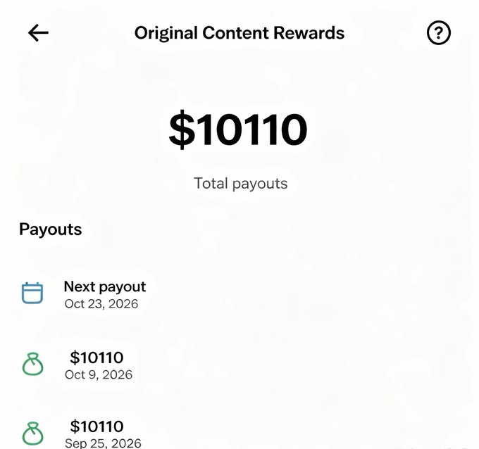 A mobile app screenshot titled 'Original Content Rewards' showing total payouts of $10110, with a list of past payouts on October 9 and September 25, 2026, and a next payout scheduled for October 23, 2026.