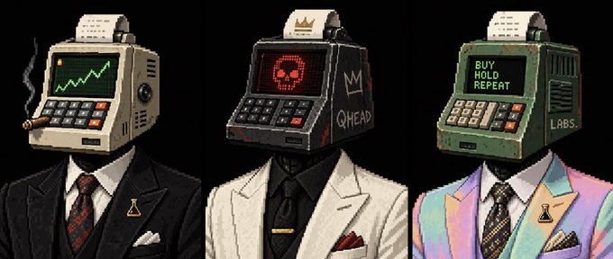 Three anthropomorphic figures with cash register-style machine heads dressed in suits stand side by side: the left one features a smoking cigar, an upward stock chart, and a justice scale pin; the center black register displays a red skull, a crown, and the text "$QHEAD"; the right green register reads "BUY HOLD REPEAT" alongside "LRBS." The image ties to the post's "$QSTRAT" reference, reinforcing a crypto-trading theme where the registers symbolize market decisions and the "$QHEAD" branding links directly to the project's strategy narrative.