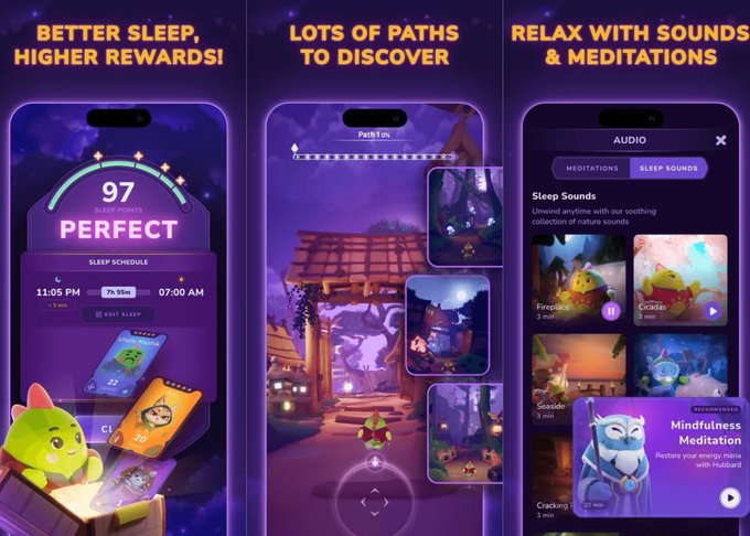 Three-panel app screenshot for a sleep/meditation app, featuring 'BETTER SLEEP, HIGHER REWARDS!' with a 97 Sleep Score, 'LOTS OF PATHS TO DISCOVER' showing a fantasy forest path, and 'RELAX WITH SOUNDS & MEDITATIONS' displaying an audio library with sleep sounds and Mindfulness Meditation.