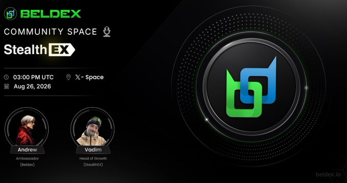 A promotional graphic for a Beldex Community Space event called "StealthEX" scheduled for Aug 26, 2026 at 03:00 PM UTC, featuring Andrew and Vadim.