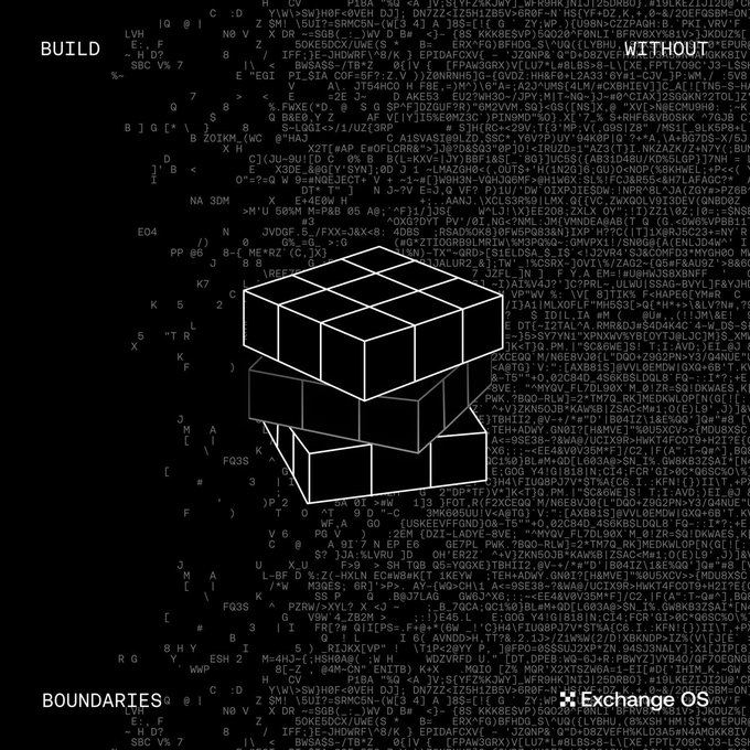 The image features a black background with white text that reads "Build without build" followed by an image of a Rubik's cube, which is a popular puzzle game. The text also includes the words "Boundaries", "Huge W for onchain trading infrastructure @OKX X Layer just introduced Exchange OS enabling developers and institutions to deploy Spot, Perps, and Outcome Markets on the same infrastructure stack that powers OKX". This suggests that the image is promoting a new software or platform that allows users to create their own exchange without needing to build it from scratch. The Rubik's cube serves as an eye-catching visual element in the image, drawing attention to the message being conveyed about the new software.