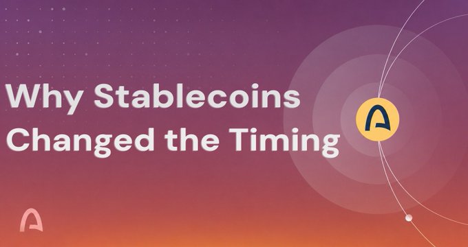 A graphic with a purple-to-orange gradient background titled 'Why Stablecoins Changed the Timing', featuring a circular logo with an 'A'.
