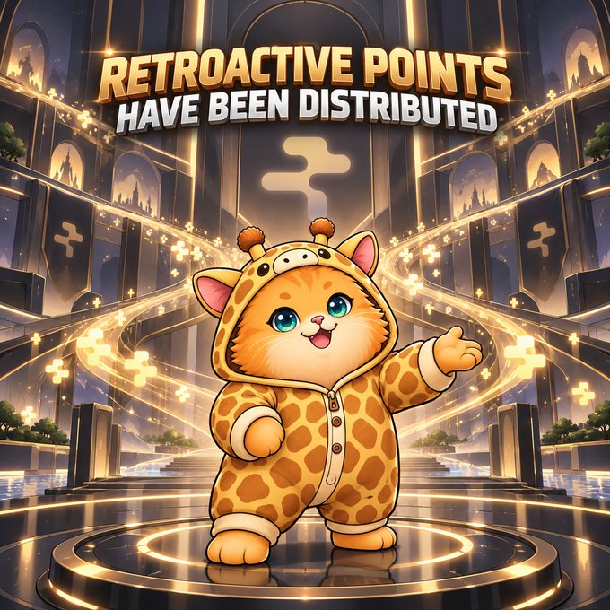 A digital illustration of a smiling cat wearing a giraffe-print hooded onesie, standing on a glowing platform with the text 'RETROACTIVE POINTS HAVE BEEN DISTRIBUTED' overhead.