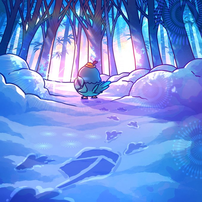 A small blue bird wearing a red beanie stands at the edge of a snowy forest clearing, gazing toward a brightly glowing horizon between the trees. The whimsical scene, paired with the post "Let's try this again $ROBBIE," suggests a hopeful new beginning for the $ROBBIE project.