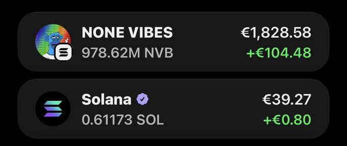 A crypto portfolio screenshot shows holdings of 978.62M NVB (None Vibes) valued at €1,828.58 (+€104.48) and 0.61173 SOL (Solana) valued at €39.27 (+€0.80), visually highlighting the gains behind the bullish post about None Vibes being an actively growing memecoin project on Solana.
