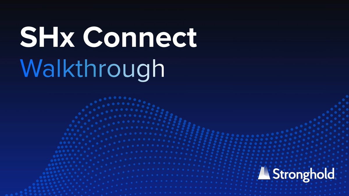 A promotional graphic for a "SHx Connect Walkthrough" by Stronghold, featuring the product name in white text and "Walkthrough" in gradient blue against a dark navy background with a dotted wave pattern, with the Stronghold logo in the bottom right corner. The image serves as a visual header for a tutorial or demo content introducing the SHx Connect platform.