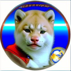 A digital illustration shows a Shiba Inu dog wearing a red outfit, displayed against a blue background with red dot accents.