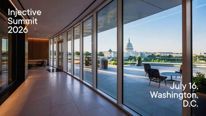 The image shows a large glass wall that connects two rooms, providing an expansive view of the cityscape outside. A table can be seen in one room, while chairs are placed in another. The text "INJECTIVE SUMMIT VENUE REVEAL This July" is visible on the image, indicating the event taking place at the Injective Summit venue.
