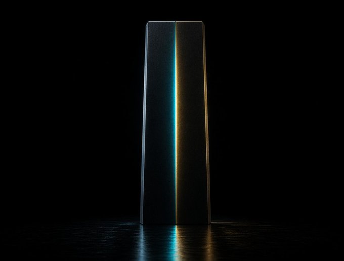 Two tall, dark rectangular blocks stand side-by-side against a black background, separated by a vertical beam of glowing cyan and orange light.