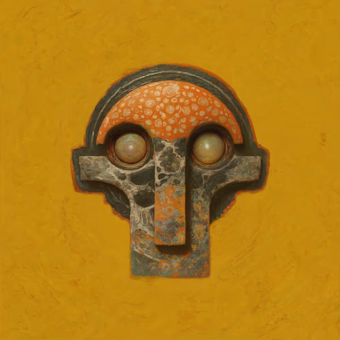 A 3D-rendered mask or skull-like face with orange and gray weathered textures, featuring large round eyes and a cross-shaped structure, mounted on a yellow textured wall.