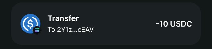 A notification indicating a Transfer of 10 USDC to the wallet address starting with "2Y1z...cEAV" is displayed, confirming the $10 send mentioned in the post to @Dewa_Web3_.