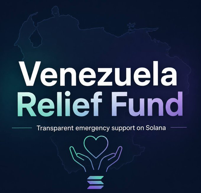 A promotional graphic for the "Venezuela Relief Fund" features a stylized outline of Venezuela's map with the tagline "Transparent emergency support on Solana," alongside an icon of hands cradling a heart above the Solana logo. The image visually reinforces the post's urgent call for donations from the Solana community to provide essential supplies to affected areas in Venezuela.