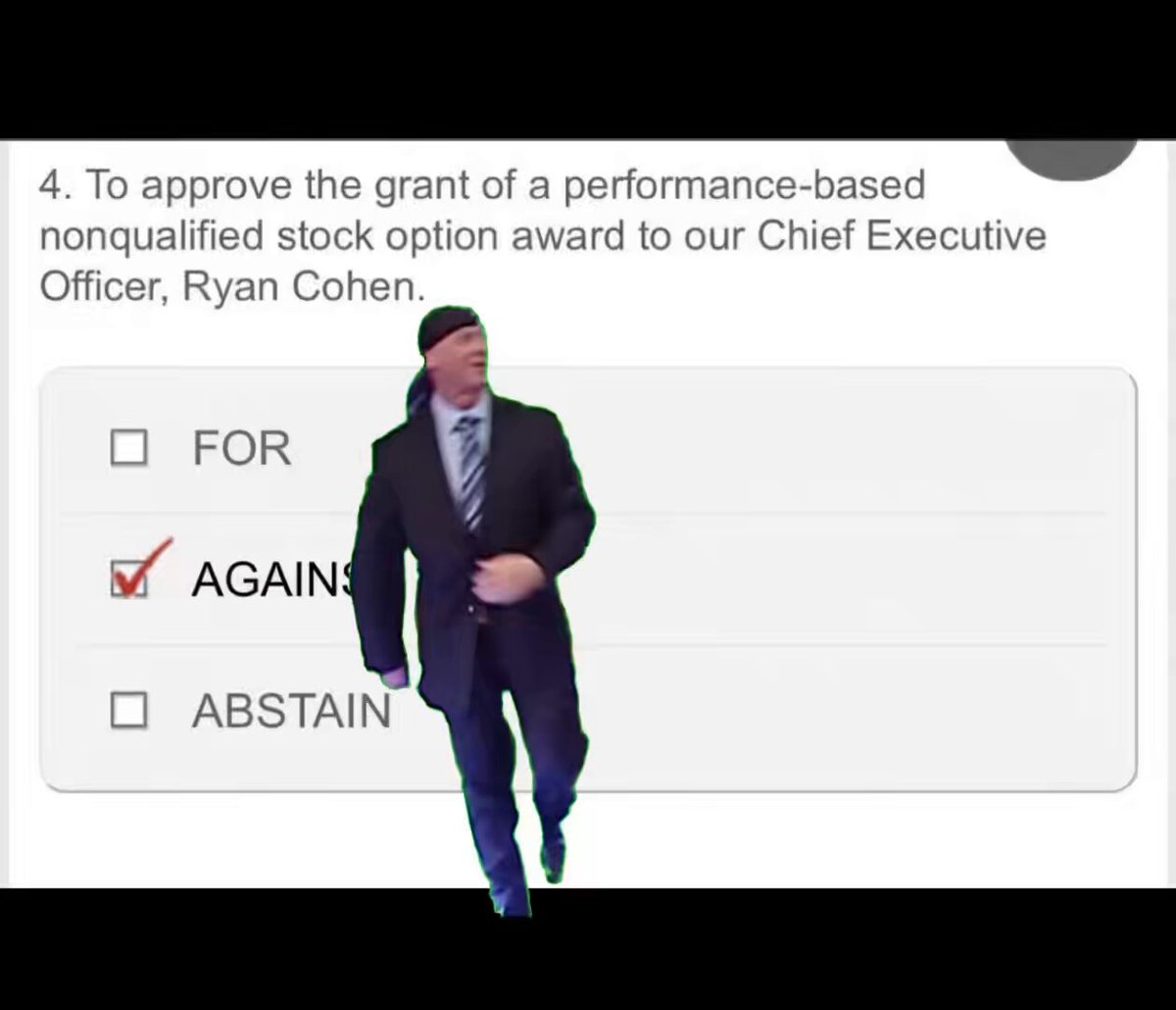 The image shows a man wearing a suit, standing against a white background with a black border. He has his arms crossed over his chest as if he's deep in thought or contemplating something. The text "To apply the grant of a performance-based nonqualified stock option award to our Chief Executive Officer, Ryan Cohen." is displayed on the image, and there are three boxes below it that read "For", "AGAINST", and "ABSTAIN".