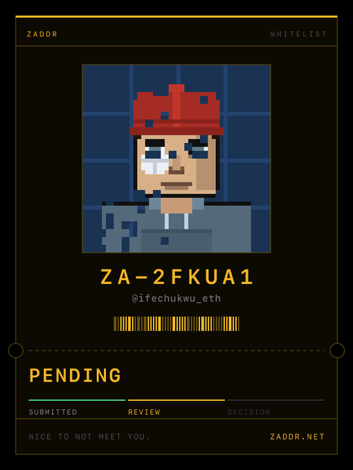 A 'ZADOR WHITELIST' digital card displaying pixel art of a person in a red cap with the code 'ZA-2FKUA1' under the username '@ifechukwu_eth', marked as 'PENDING' at the review stage.