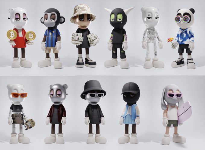 A lineup of 11 collectible NFT figures from the "A Kid Called Beast" collection, featuring diverse styles and accessories such as Bitcoin coins, stacks of cash, a panda, a basketball, sunglasses, and a bunny-eared character, with "AK" and "QB" visible on one figure's eyes. The post references the collection as an "undervalued 10k collection" with a "starting XI," humorously matching the soccer-style lineup of figures displayed.