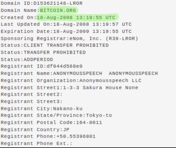 A WHOIS lookup screenshot for the domain BITCOIN.ORG shows it was registered on 18-Aug-2008 via eNom, with the registrant listed as "ANONYMOUSSPEECH ANONYMOUSSPEECH" of Anonymousspeech LLC in Nakano-ku, Tokyo, Japan. The post connects this registration to a Japanese phone number (+50.55396801) where a Russian-accented man identifying himself as "Sergey" allegedly answered, hinting at a potential link between Satoshi Nakamoto and Sergey.
