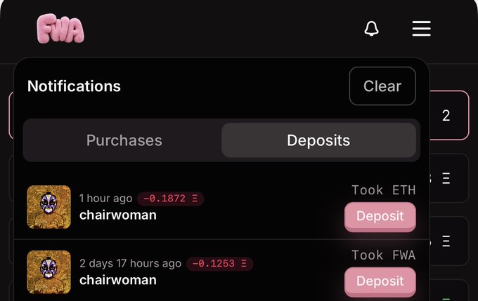 A notifications menu displays two slashing events from "chairwoman" on the same NFT—one occurring 1 hour ago (-0.1872 ETH) and another 2 days 17 hours ago (-0.1253 ETH)—directly illustrating the user's frustration about being slashed twice on a single FWA NFT backed with 0.2 ETH.