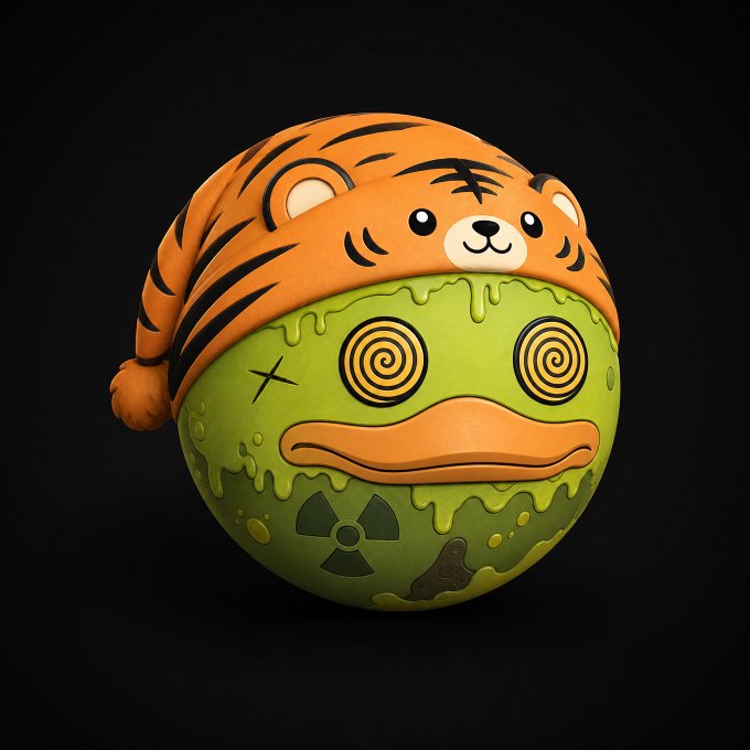 A 3D render of a green slime-like sphere wearing an orange tiger-striped hat with a face on it, featuring spiral eyes and a radiation symbol on its body.