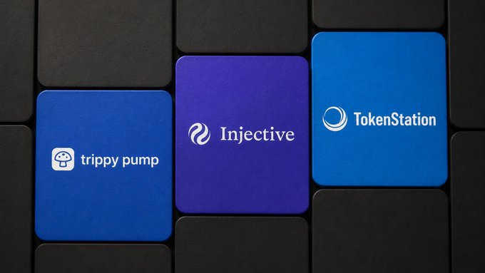 A digital graphic showing three app/service icons on blue and purple tiles: 'trippy pump', 'Injective', and 'TokenStation'.