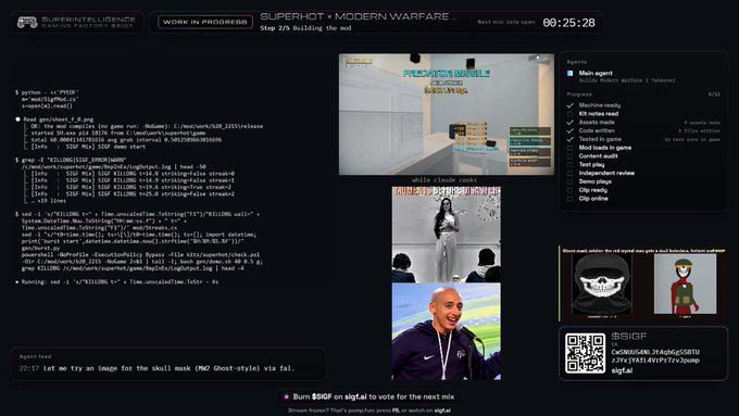 A livestream interface titled 'SUPERHOT × MODERN WARFARE' by 'SUPERINTELLIGENCE', featuring a code editor, video feeds of gameplay and presenters, and a chat window.