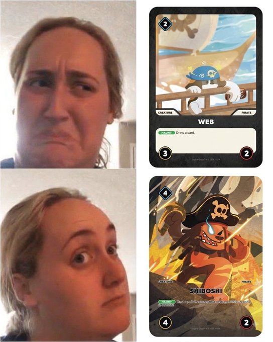A meme showing a woman's reaction faces next to two Disney Lorcana trading cards: 'WEB' (a cute creature) and 'SHIBOSHI' (a fierce pirate creature), implying a transformation.