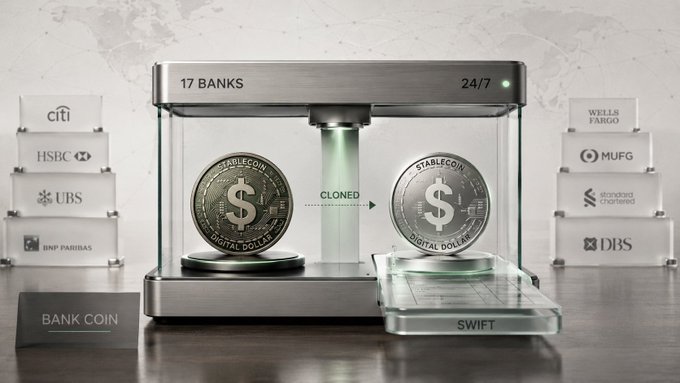 The image depicts a cloning chamber labeled "17 BANKS" and "24/7," transforming a "STABLECOIN" coin into a "BANK COIN" digital dollar, flanked by blocks representing major financial institutions including Citi, HSBC, UBS, BNP Paribas, Wells Fargo, MUFG, Standard Chartered, and DBS, with a "SWIFT" ledger tray extending from the chamber. This visual reinforces the post's message that SWIFT's new blockchain-based ledger enables 17 major global banks to replicate stablecoin-like dollar transfers around the clock, minus the crypto.