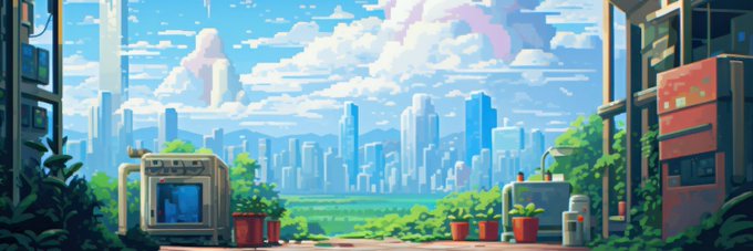 A vibrant pixel-art style illustration depicts a futuristic cityscape with tall skyscrapers, fluffy clouds, and a balcony in the foreground containing potted plants and what appears to be a washing machine.