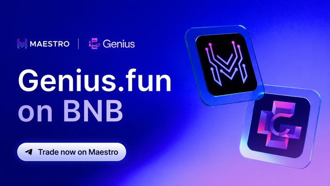 A promotional graphic for "Genius.fun on BNB" featuring the Maestro and Genius logos on a blue-to-purple gradient background, with a "Trade now on Maestro" button. The image visually highlights Genius.fun's new integration on the BNB chain via the Maestro platform, aligning with the post's announcement of Genius as a launchpad built for board seats and hostile takeovers.