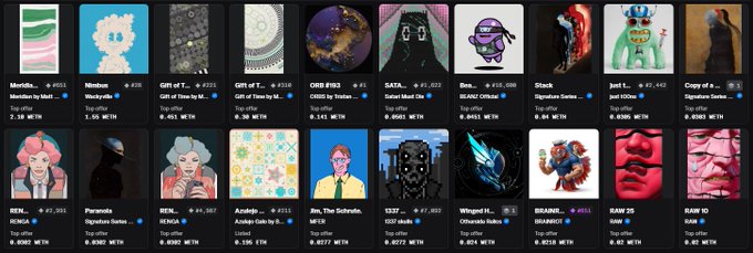 A marketplace displaying NFT collectibles including items like 'Identities by Sas...', 'Meditative 9', and 'GIBS #23' with various METH prices shown.
