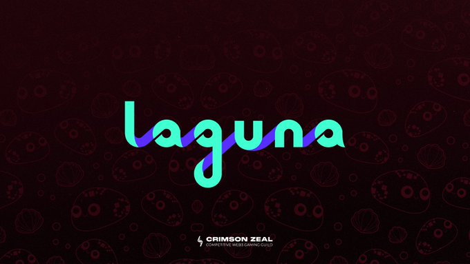 A logo for 'Laguna' in a teal-to-purple gradient script font, set against a dark red background patterned with subtle skull designs, with 'CRIMSON ZEAL' branding at the bottom.