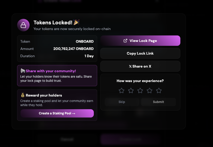 A confirmation screen from stakepoint.app showing that 200,762,247 ONBOARD tokens have been successfully locked on-chain for 1 day, directly visualizing the 20% developer supply lock referenced in the post.