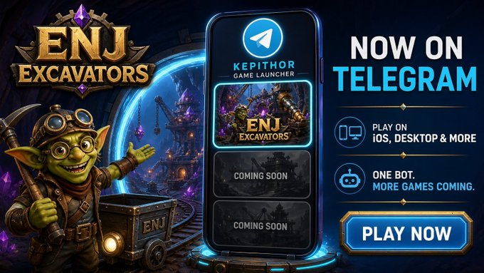 A promotional advertisement for 'ENJ Excavators' game now available on Telegram, featuring a cartoon goblin miner character.