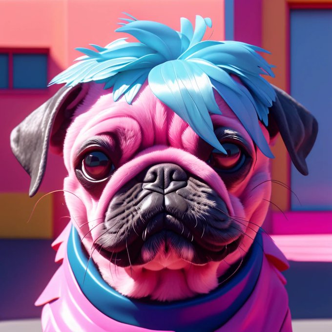 A vibrant 3D-rendered pink pug with bright blue spiky hair, set against a colorful pastel background in a stylized cartoon aesthetic.
