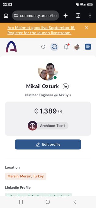 A mobile screenshot of a community.arc.io profile page for 'Mikail Ozturk', a 'Nuclear Engineer @ Akkuyu', showing 1.389 points and 'Architect Tier 1' status in Mersin, Turkey.