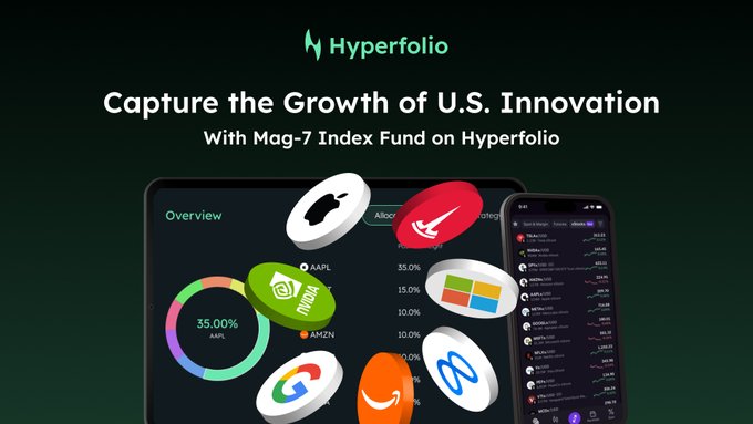 An advertisement for the "Hyperfolio" app promoting the "Mag-7 Index Fund" to "Capture the Growth of U.S. Innovation," featuring floating logos of Apple, NVIDIA, Nike, Google, Amazon, Meta, and Microsoft.