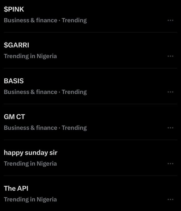 A screenshot of Twitter/X trending topics lists $PINK as the top trending item under Business & finance, alongside other tickers like $GARRI, BASIS, and GM CT, along with Nigeria-specific trends such as "happy sunday sir" and "The API." The $PINK trending status supports the post's hype about the token and the web3 community attention behind it.