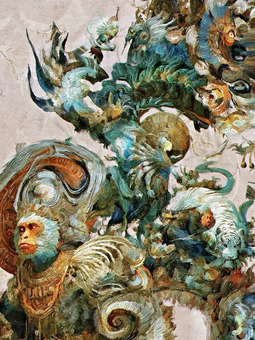 A surreal, intricate painting featuring swirling organic forms, creatures, and a face emerging from chaotic, dreamlike brushwork in muted earthy and teal tones.