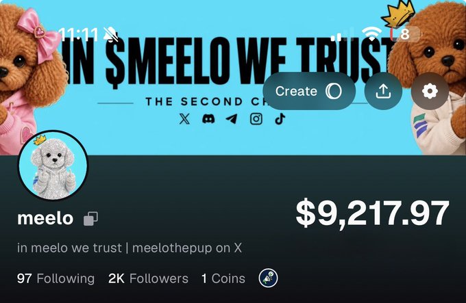 The image shows a social media profile for "meelo" with the handle "meelothepup on X," featuring a $SMEELO-themed banner with cartoon dog characters and displaying 2,217.97 coins, 2K followers, and 97 following. This aligns with the accompanying post celebrating the milestone of reaching 2,000 followers on pumpfun, as the profile prominently shows the "2K Followers" badge.