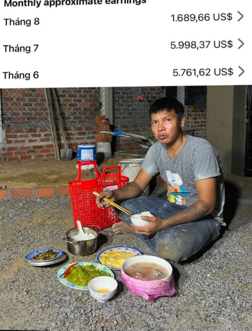 A man eating a meal on the ground with various dishes spread around him, topped with a screen showing "Monthly approximate earnings" in Vietnamese: Tháng 8: 1.689,66 US$, Tháng 7: 5.998,37 US$, Tháng 6: 5.761,62 US$.