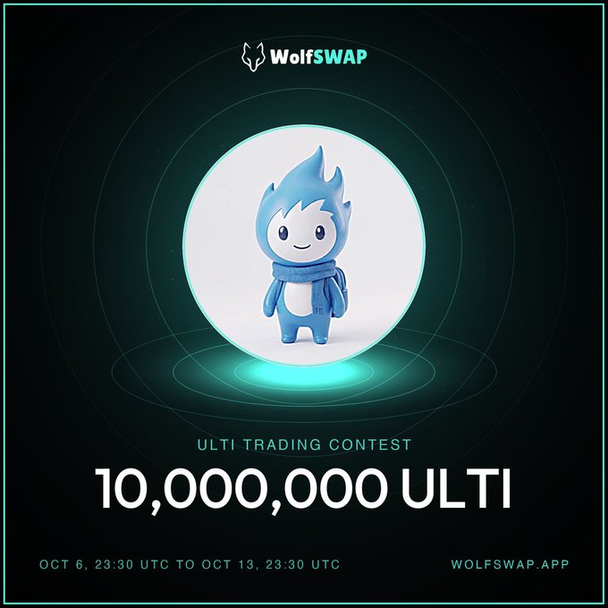 A promotional graphic for 'WolfSWAP' advertises a 'ULTR TRADING CONTEST' with a prize of '10,000,000 ULTI', running from 'OCT 6, 23:30 UTC TO OCT 13, 23:30 UTC' at 'WOLFSWAP.APP', featuring a blue flame-like character.