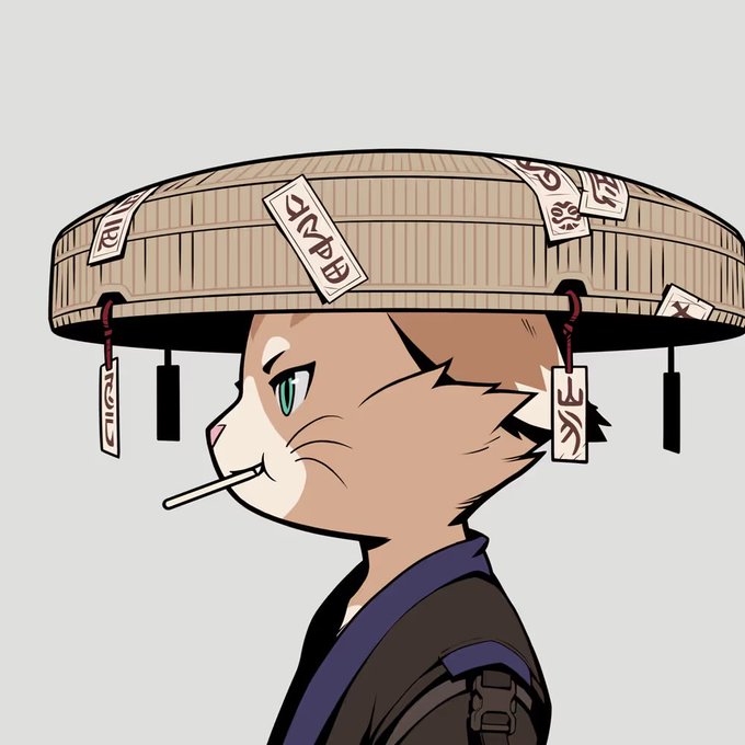 An anime-style illustration of a cat character in profile, wearing a large straw hat covered in paper talismans (ofuda) and smoking a cigarette.