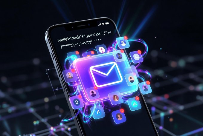 A 3D rendering of a smartphone displaying an email icon with a glowing neon purple and blue envelope, surrounded by floating user profile icons and network connections.