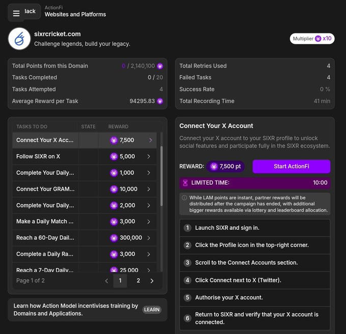 A screenshot of a platform called 'sixxcricket.com' showing tasks and rewards, with a section prompting the user to 'Connect Your X Account' to earn 7,500 points.
