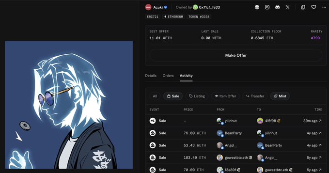A screenshot of an NFT marketplace listing for the collection 'Azuki' (ERC721, Ethereum, Token #3338), showing an anime-style character on the left and sale activity on the right with a best offer of 11.01 WETH and rarity #799.